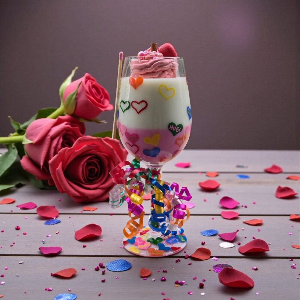 Lolita ✦ Handpainted Wine Glass Candle ✦ Pink White Red Layered Soy Wax Heart